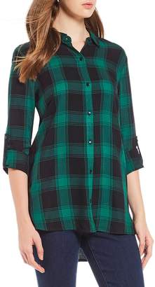 Chelsea & Theodore Petite Size Plaid Roll-Tab Sleeve Button Front Shirt
