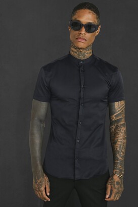 boohoo Mens Black Muscle Fit Grandad Collar Short Sleeve Shirt - ShopStyle