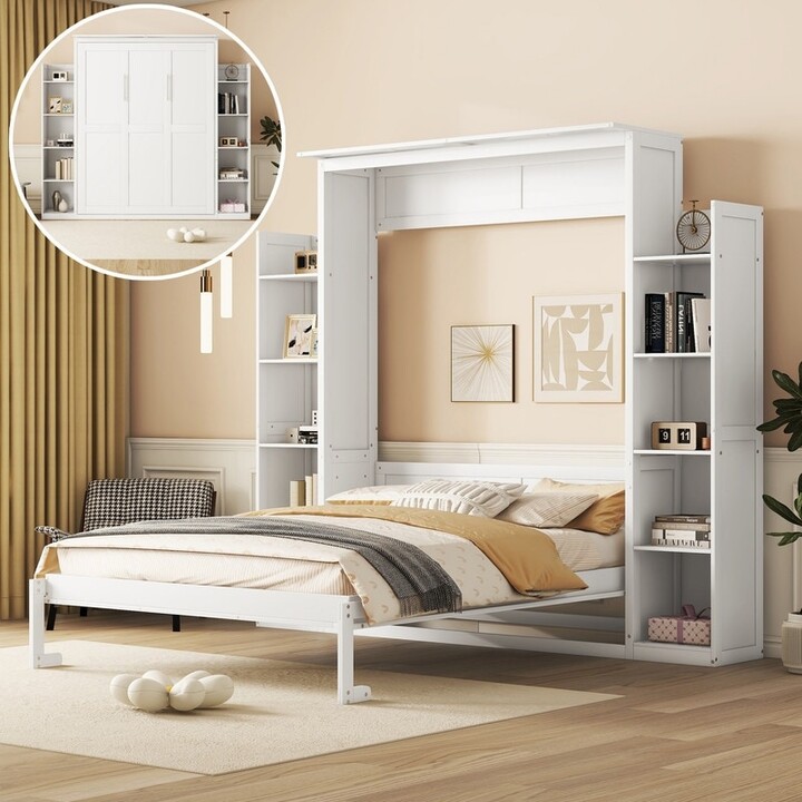 Aoolive Murphy Bed Frame Queen Size, Wall Bed with Storage Shelves