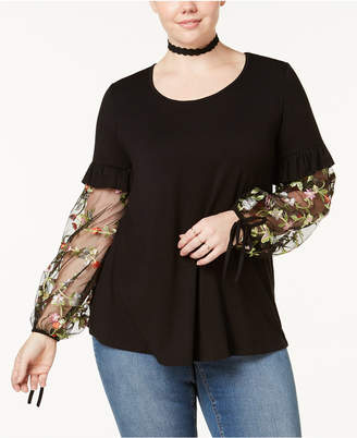 ING Trendy Plus Size Embroidered Illusion-Sleeve Top