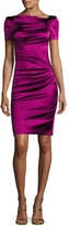 Thumbnail for your product : Talbot Runhof Noomi Short-Sleeve Duchesse Satin Ruched-Side Cocktail Dress, Fuchsia