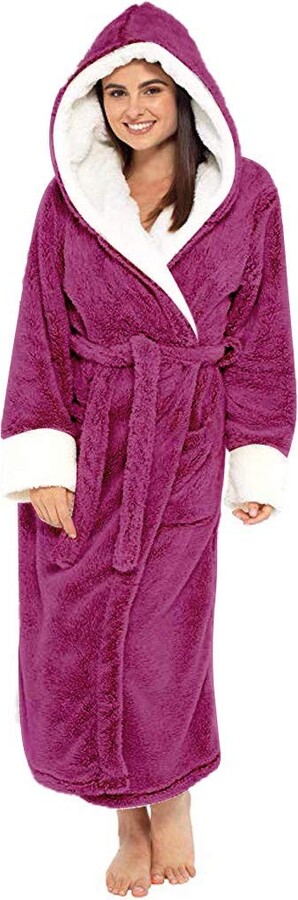 MMOOVV Ladies Hooded Dressing Gown Thickened Long Plush Lapel Bath Robe  CoatSoft Warm Comfy Autumn And Winter Towelling Bathrobe for Gym Shower Spa  Hotel Robe Holiday(Hot Pink - ShopStyle
