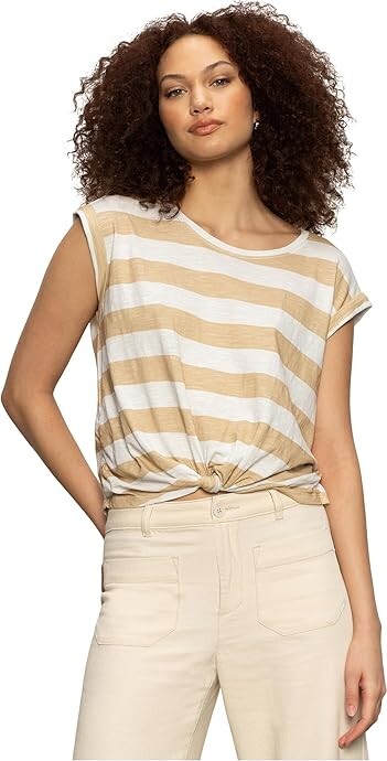 Sanctuary Knotted Muscle T-Shirts Women's Clothing White/Sandstone Stripe : LG (US 10-12)