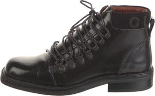 Gucci Leather Ankle Combat Boots Black Suede Trim Square-Toes with Embroidered Accent Lace-Up Closure at Uppers