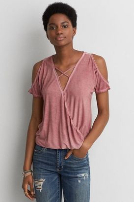American Eagle Outfitters AE Cold Shoulder Wrap Front T-Shirt