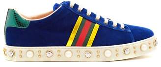 Gucci New Ace Faux Pearl And Crystal Velvet Trainers - Womens - Dark Blue