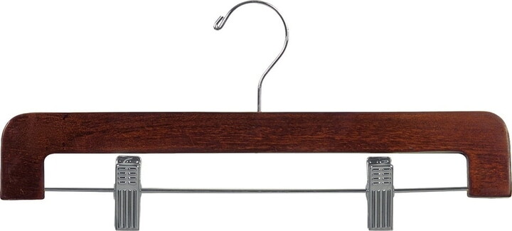 Deluxe Rounded Wooden Pant Hanger w/ Adjustable Cushion Clips, Box of 25 Flat Wood Bottom Hangers w/ Walnut Finish and Chrome Swivel Hook for Jeans Slacks or Skirt by International Hanger