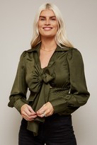 Thumbnail for your product : Little Mistress Pippa Khaki Satin Bow Shirred Crop Top