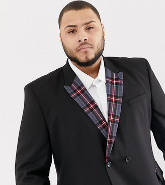 ASOS DESIGN Plus skinny double breasted blazer in black with checked lapel