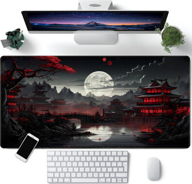Desk Mat Riverside Full Moon Desk Pad Black Red Large Mouse Pad Gaming Mousepad Extended XXL Keyboard Pad 31.5 X 15.7 In Laptop Computer Mouse Keyboar