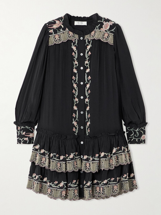 Sea - Lacey Tiered Embroidered Chiffon Mini Dress - Black