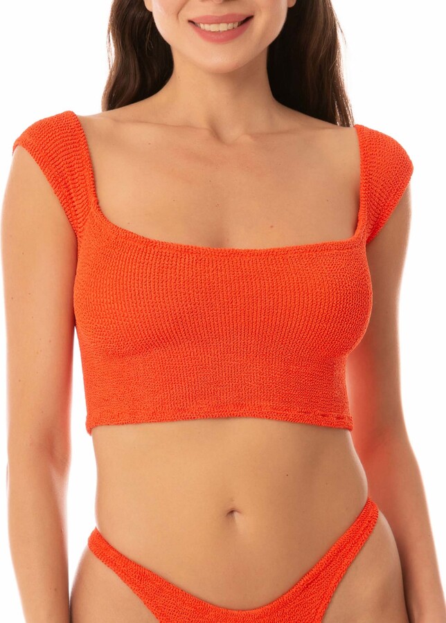 Woman Crinkle Wide Shoulder Strap Top Swimsuit