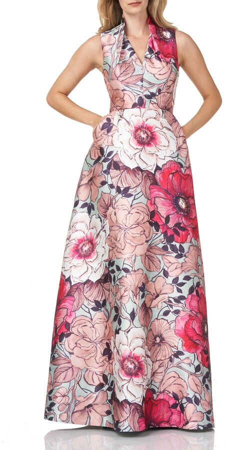 Kay Unger Floral Print Mikado A-Line Gown - ShopStyle