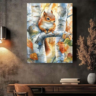 One Allium Way 1Pc Autumn Squirrel Wall Art - Modern Vintage Vertical Canvas Print With Wooden Frame, Vibrant Fall Colors Birch Tree & Leaves Design, Home Office Dec