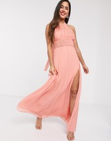 Thumbnail for your product : ASOS DESIGN halter neck ruched waist maxi dress with pleat skirt