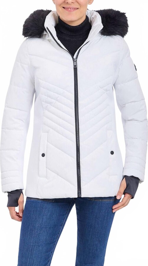 London Fog Zip-Front Puffer Jacket With Removable Faux Fur Trimmed Hood In White