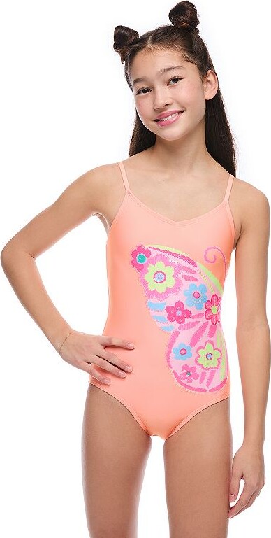 Breaking Waves Girls 4-16 Butterfly Sequin Strappy Back One Piece Swimsuit