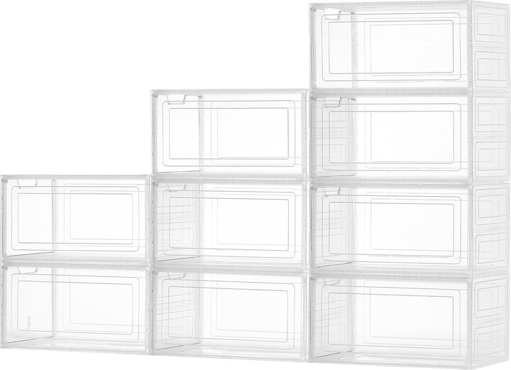 KFFKFF Set of 9 Clear Stackable Shoe Storage Boxes with Magnetic Doors, Suitable for Shoes up to US Size 13, Ideal for Organizing Sneakers, High Heels, Boots, and Hats, Transparent White Design