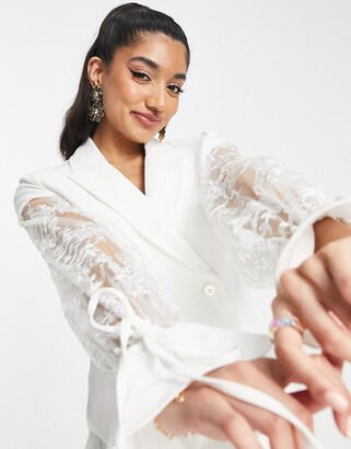 Saint Genies blazer dress with blouson lace sleeves in white