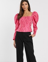Thumbnail for your product : And other stories & puff sleeve cropped top in pink floral jacquard