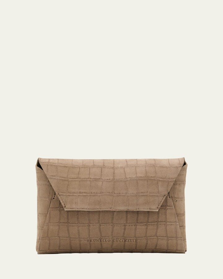 Brunello Cucinelli Duo Mini Croc-Embossed Suede Pouchette Clutch Bag