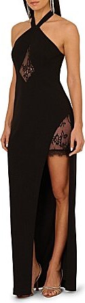 Adrianna by Adrianna Papell Halter Neck Lace Insert Knit Crepe Column Gown