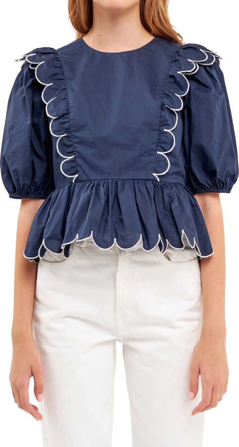 ENGLISH FACTORY Contrast Scalloped Trim Cotton Top