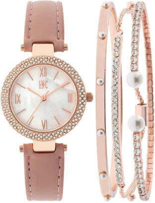 INC International Concepts Women's May Blush Leather Strap Watch and Bangle Set 30mm, Created for Macy's