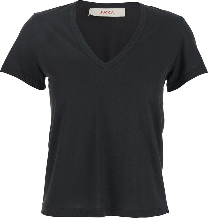 Jucca Black T-shirt With Wide V-neck And Short Sleeves In Cotton Woman