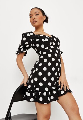 Missguided Petite Black Polka Dot Print Ruffle Hem Oversized Mini Dress