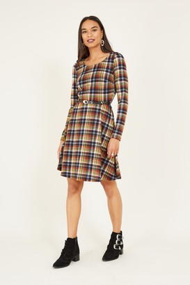 Yumi Check Skater Dress With Contrast Belt