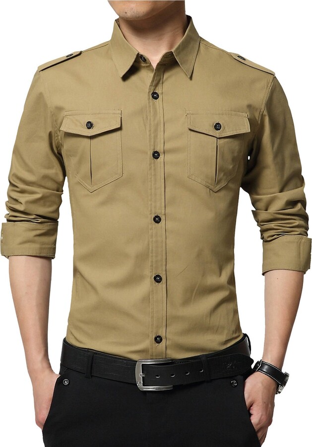 LEOCLOTHO Mens Long Sleeve Plain Casual Shirt Military Style Boutton Up  Basic Regular Fit Shirts Tops Khaki L - ShopStyle