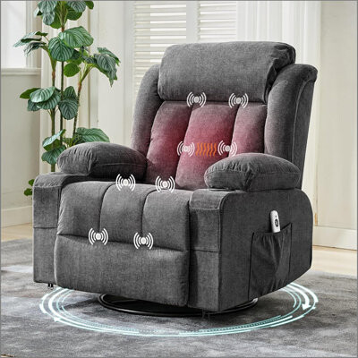 Inbox Zero 360° Swivel Rocker Recliner Chair with Heat and Massage, Recliner for Adults, Single Sofa Seat with 3 Positions, 2 Side Pockets, 2 Cup Holders, USB Po