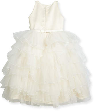 Joan Calabrese Satin & Tiered Tulle Special Occasion Dress, Ivory, Size 2-10