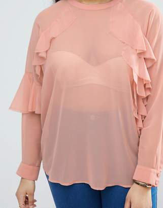 ASOS Curve CURVE Sheer Top with Raw Edge Ruffle