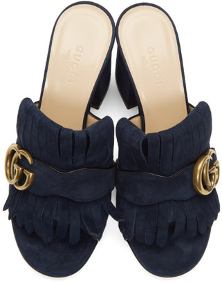 Gucci Navy Suede GG Marmont Slide Heeled Sandals
