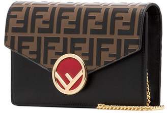 Fendi black, brown and red FF logo leather wallet on a chain bag