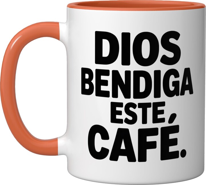 Coffee Lover Shop for Spanish Speakers Dios Bendiga Este Cafe Text Spanish Quote Saying Ceramic Mug, Orange/White