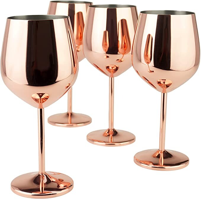 PG Copper / Rose Gold Stem Stainless Steel Wine Glass Set 4 - 18.5 oz