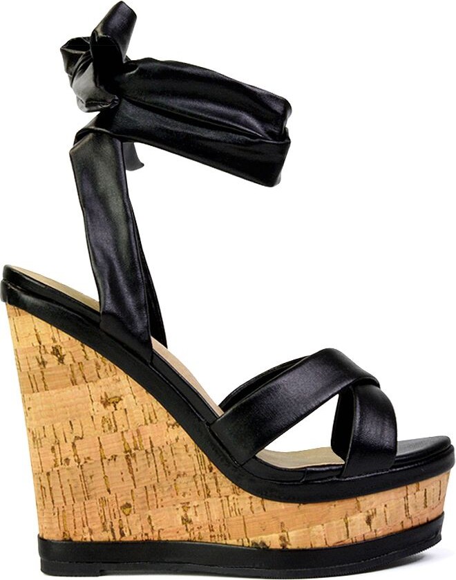 XY London 'Kammie' Lace Up Strappy Cork Platform Wedge Heel Sandal