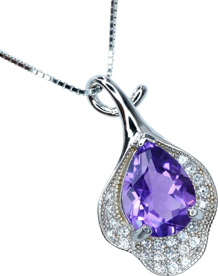 Etsy Natural Amethyst Necklace, Gemstone Petal Flower Pendant, 2.1 Ct Genuine Purple Pendant Sterling Silver White Gold Plated #455