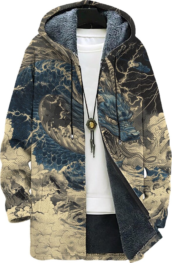 domirica Full Zip Mens Sweatshirt Japanese Art Dragon Print Long Sleeve Drasting Fleece Big And Tall Heavyweight Hoodie Winter Warm Loose Fit Casual Fashion Cotton Long Hooded Sweatshirts