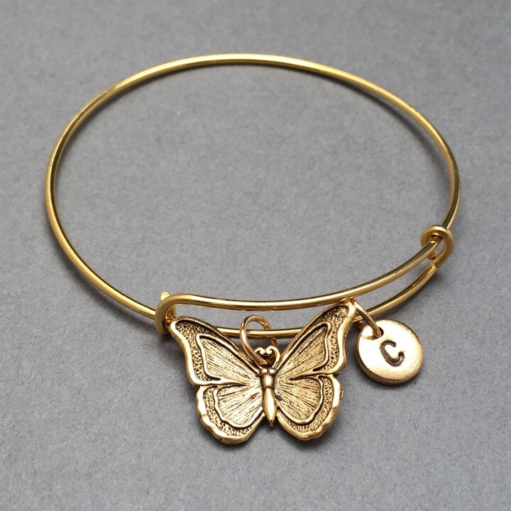 Etsy Butterfly Bangle, Butterfly Charm Bracelet, Expandable Personalized Initial Momogram, Bug