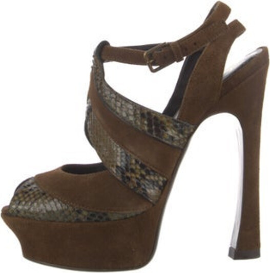 Saint Laurent Suede Slingback Sandals Brown Animal Print Platform Multistrap & Buckle Closure at Ankles