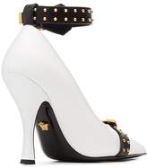 Thumbnail for your product : Versace white, black and gold metallic Studded buckle strap leather pumps