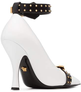 Versace white, black and gold metallic Studded buckle strap leather pumps