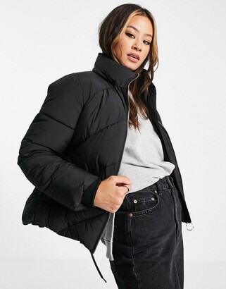 Topshop padded coat with faux fur hood in black ShopStyle