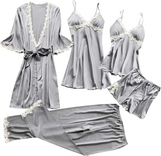 Satin Lingerie For Women, 4pcs Set Silk Pajamas Lace Trim Cami Lingerie  Sleepwear With Robe