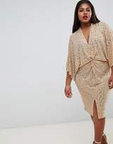 Thumbnail for your product : Flounce London Plus wrap front kimono midi dress in rose gold metallic