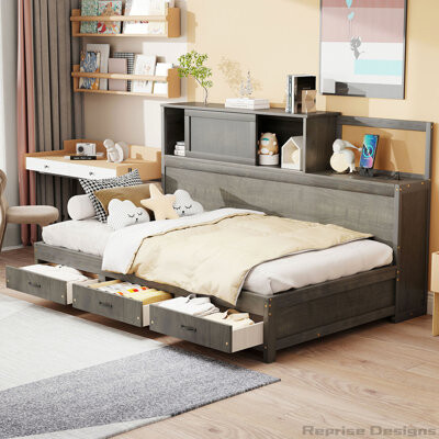 Latitude Run Wooden Daybed With 3 Storage Drawers, Upper Soft Board, Shelf, And A Set Of Sockets And USB Ports